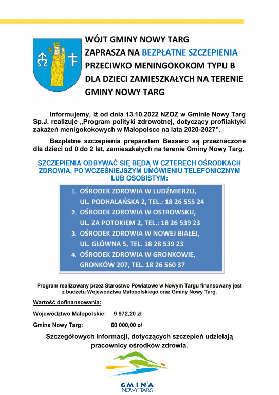 Plakat z zproszenie na szczepienie przeciwko meningoikiom typu b treść w artykule