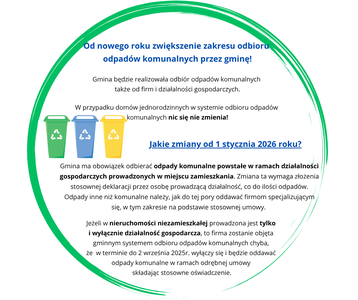Od nowego roku zwiększenie zakresu odbioru odpadów komunalnych przez gminę! Gmina będzie realizowała odbiór odpadów komunalnych także od firm i działalności gospodarczych. W przypadku domów jednorodzinnych w systemie odbioru odpadów komunalnych nic się nie zmienia!  Jakie zmiany od 1 stycznia 2026 roku?  Gmina ma obowiązek odbierać odpady komunalne powstałe w ramach działalności gospodarczych prowadzonych w miejscu zamieszkania. Zmiana ta wymaga złożenia stosownej deklaracji przez osobę prowadzącą działalność, co do ilości odpadów. Odpady inne niż komunalne należy, jak do tej pory oddawać firmom specjalizującym się, w tym zakresie na podstawie stosownej umowy.  Jeżeli w nieruchomości niezamieszkałej prowadzona jest tylko i wyłącznie działalność gospodarcza, to firma zostanie objęta gminnym systemem odbioru odpadów komunalnych chyba, że w terminie do 2 września 2025r. wyłączy się i będzie oddawać odpady komunalne w ramach odrębnej umowy składając stosowne oświadczenie.