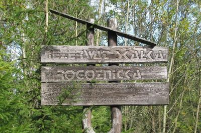 Skałka Rogoźnicka Znak informujący o wejściu na teren rezerwatu