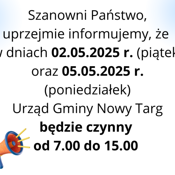 Obraz główny aktualności o tytule Zmiana godzin otwarcia Urzędu Gminy w dniach 02.05.2025 r. oraz 05.05.2025 r.
