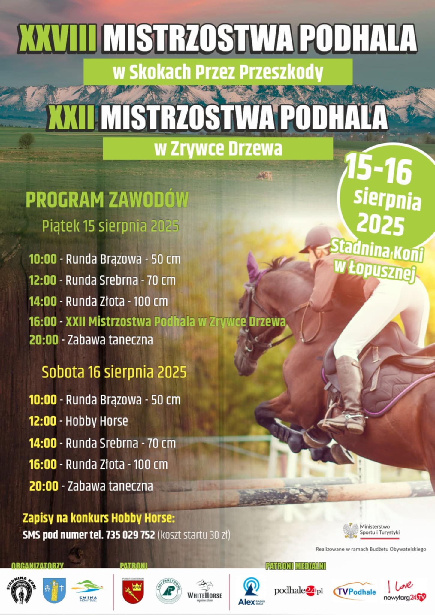 Plakat XXVIII Mistrzostwa Podhala w Skokach Przez Przeszkody oraz XXII Mistrzostwa Podhala w Zrywce Drzewa – Łopuszna 2025