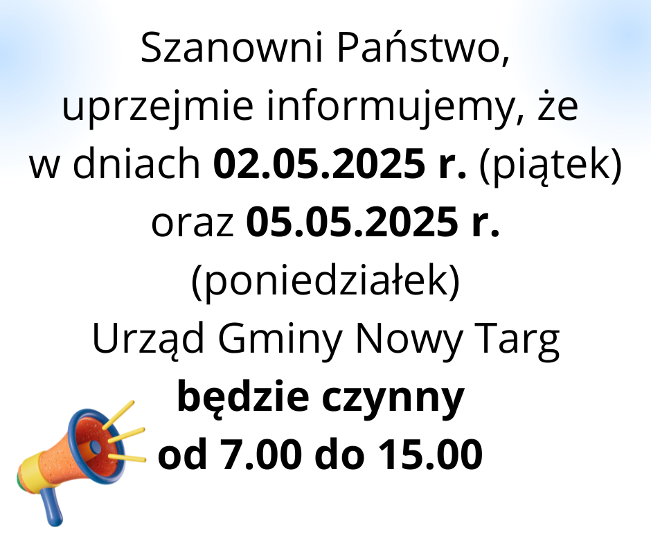 grafika Zmiana godzin otwarcia Urzędu Gminy w dniach 02.05.2025 r. oraz 05.05.2025 r.