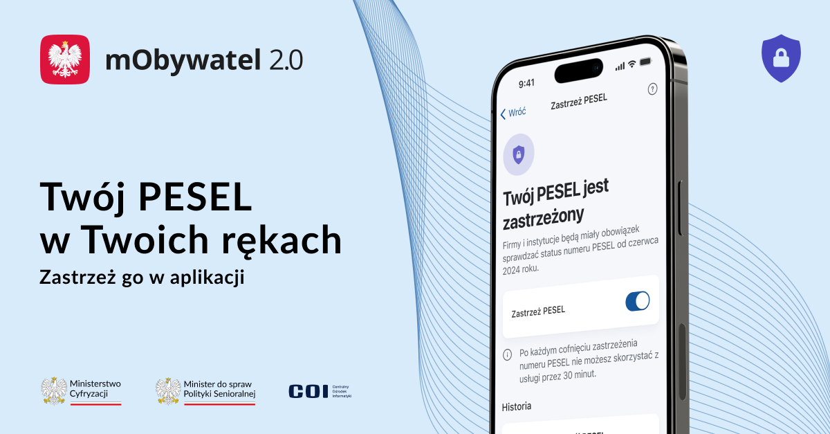 Grafika "Twój PESEL w Twoich rękach Zastrzeż go w aplikacji"