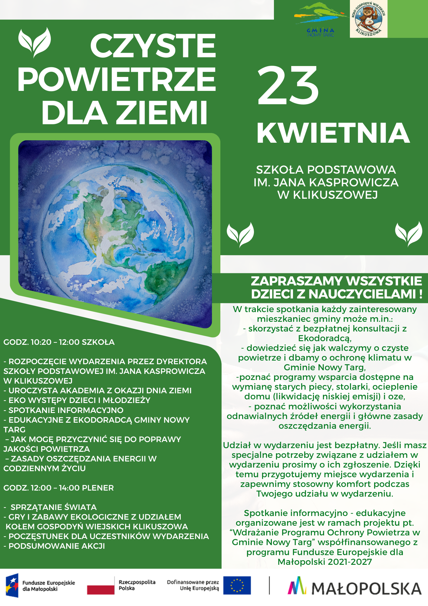 Czyste Powietrze Dla Ziemi 23 Kwietnia Szkoła Podstawowa Im. Jana Kasprowicza W Klikuszowej Zapraszamy Wszystkie Dzieci Z Nauczycielami!