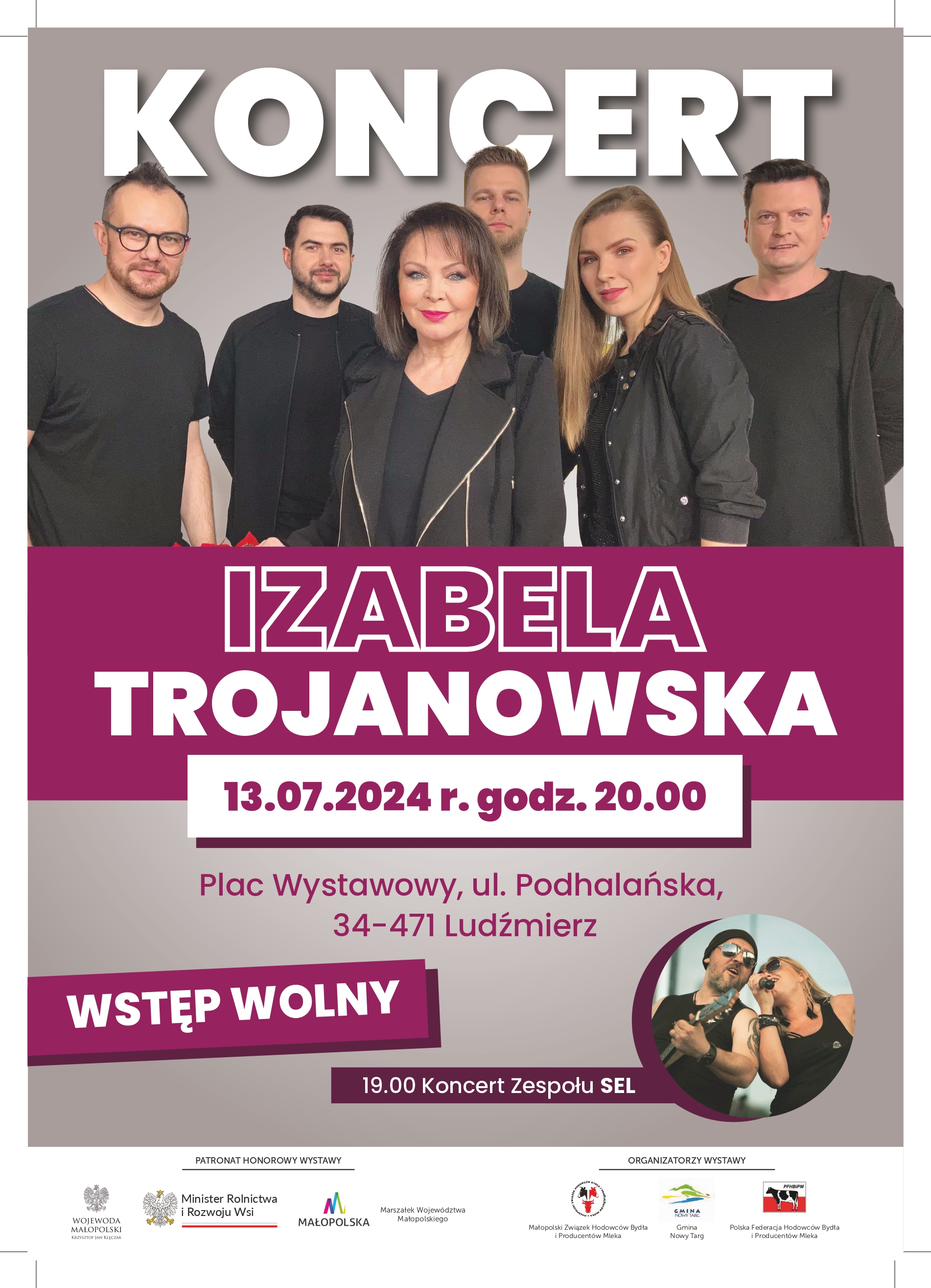 Plakat z informacjami o koncercie Izabeli Trojanowskiej 13.07.2024 godzina 20:00