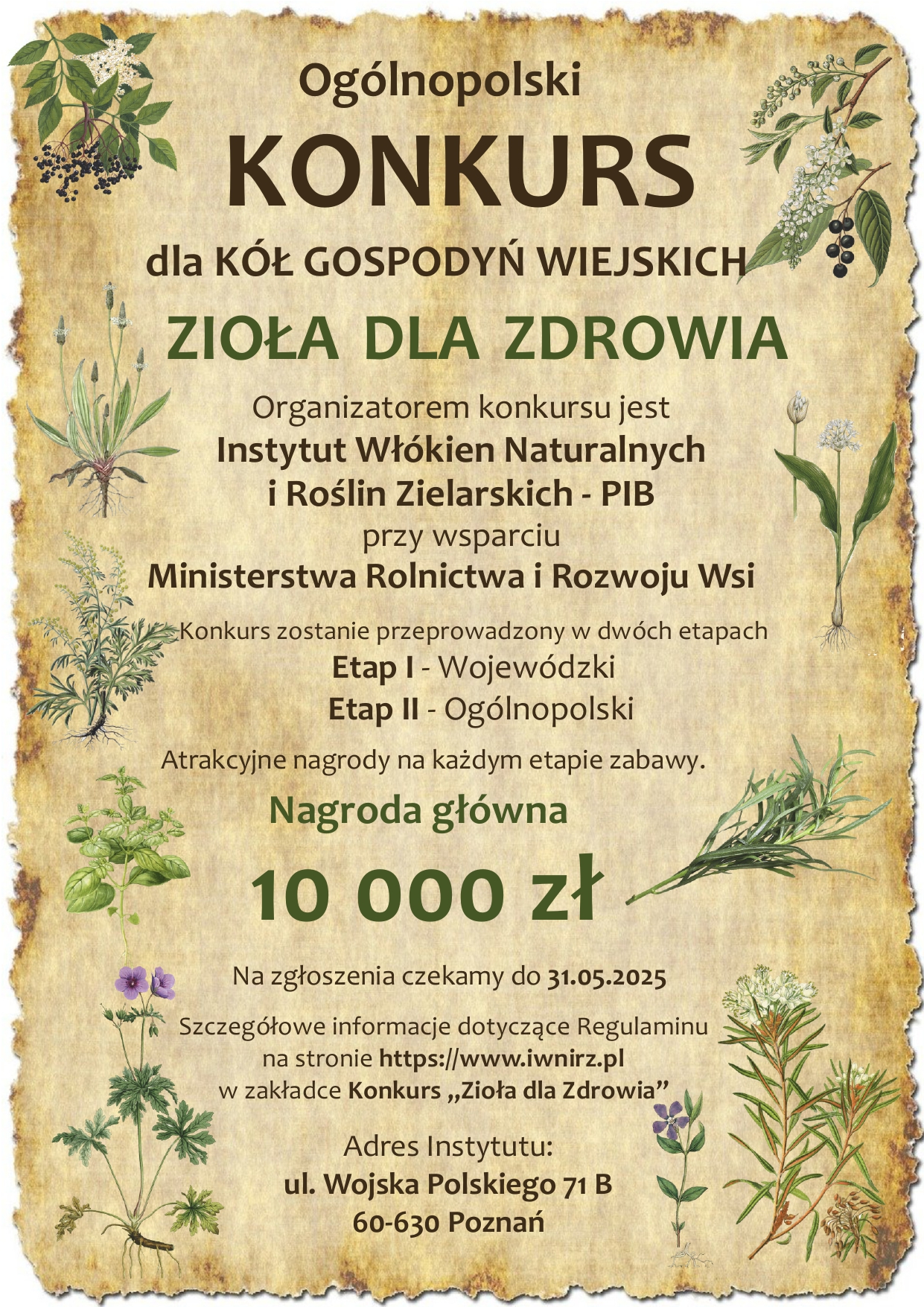 Plakat Konkurs „Zioła dla Zdrowia” pod patronatem Ministra Rolnictwa i Rozwoju Wsi